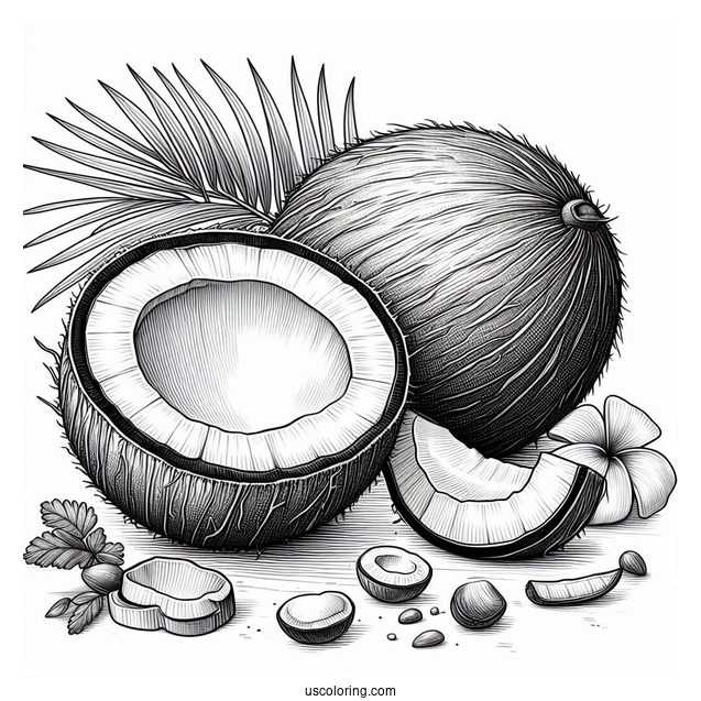 Realistic Whole And Half Coconut Coloring Page For Kids