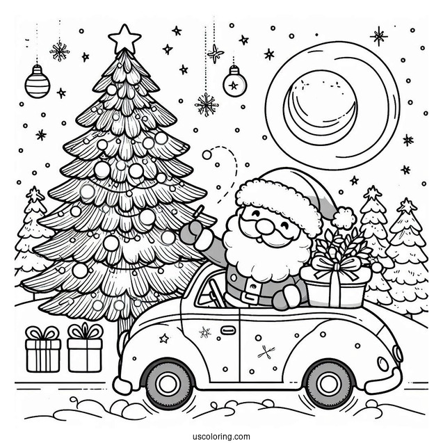 Santa With Christmas Tree On Car