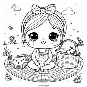 Pretty Baby Coloring Page Sitting On A Picnic Mat With A Watermelon For Kids