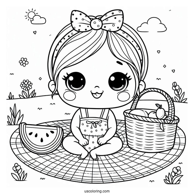 Pretty Baby Coloring Page Sitting On A Picnic Mat With A Watermelon For Kids