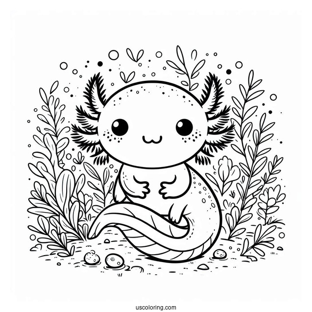 Adorable Little Axolotl Coloring Page Surrounded By Weeds