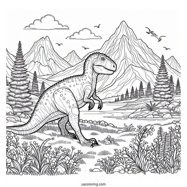 Dinosaur Coloring Page Of Mapusaurus In Mountain Landscape