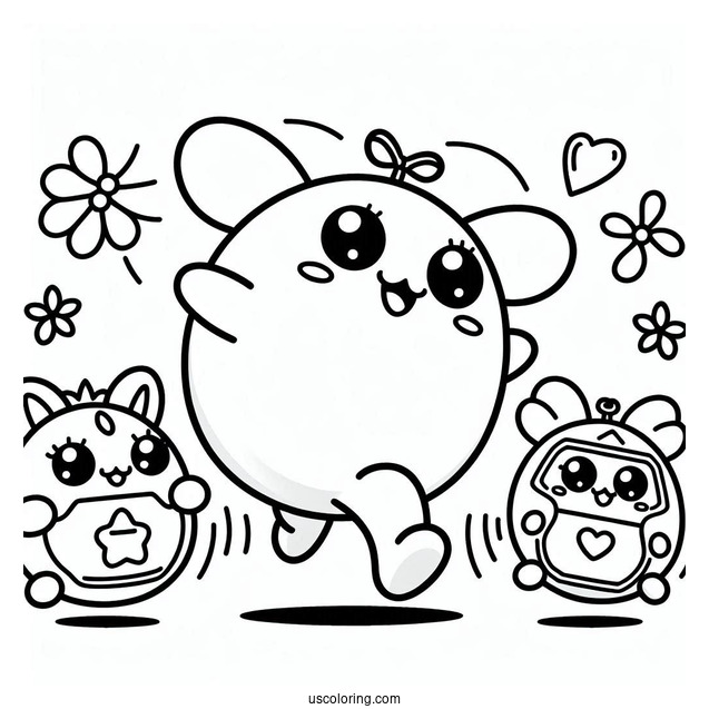 Tamagotchi Coloring Page Of Mametchi Skipping While Chamametchi And Happyhappytchi Watches From The Side