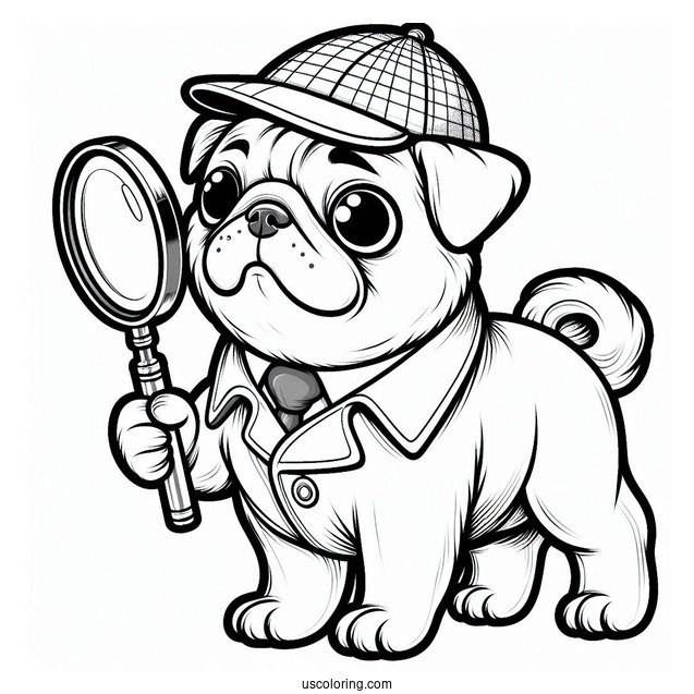 Detective Pug Coloring Page with Magnifying Glass