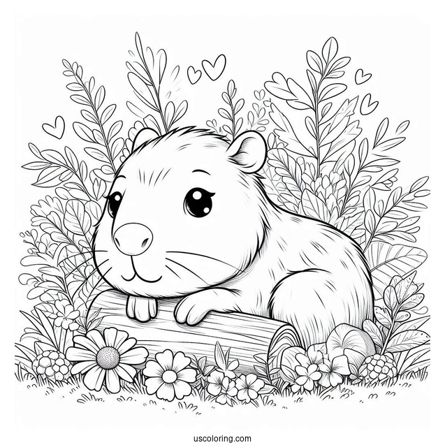 Kawaii Capybara Coloring Page Resting In Garden For Kids