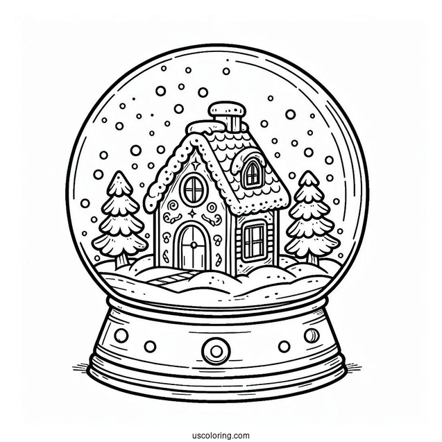 Gingerbread House Snow Globe Coloring Page For Kids