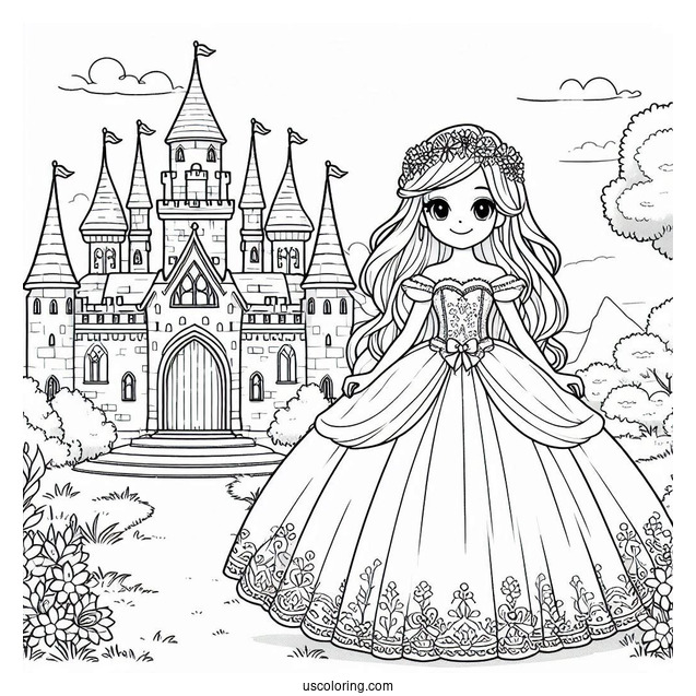 Princess Coloring Page In Wedding Dress In Front Of Castle