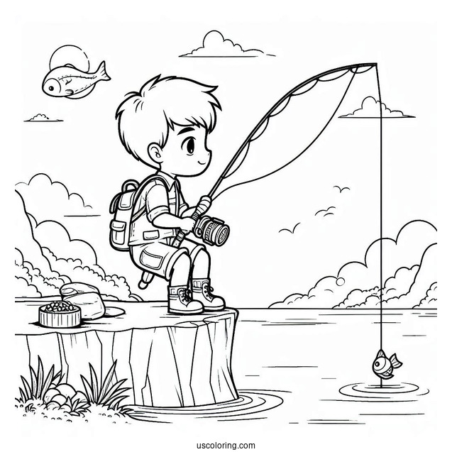 Fishing Coloring Page Of Boy Fishing On A Cliff For Kids