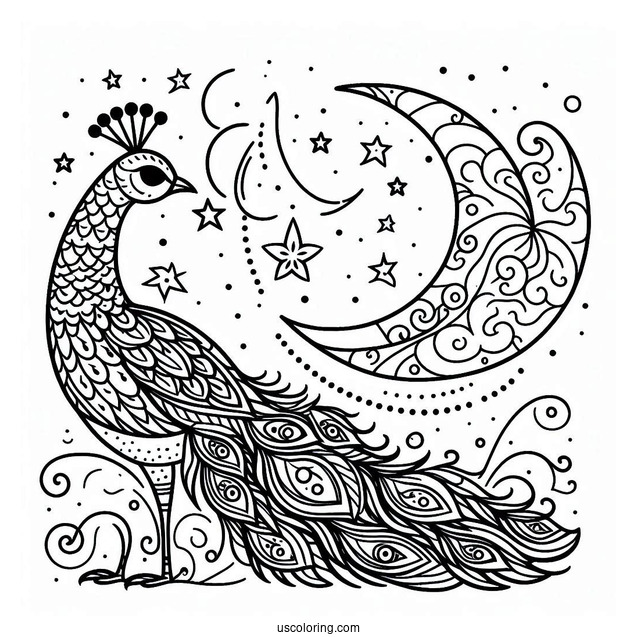 Peacock Coloring Page at Night with Crescent Moon and Stars