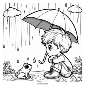 Little Boy Looking At Frog Under The Rain Coloring Page
