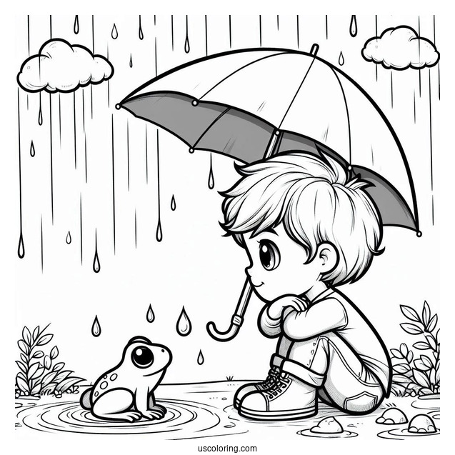 Little Boy Looking At Frog Under The Rain Coloring Page