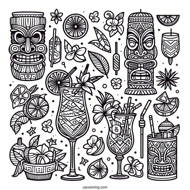 Hawaiian Tiki And Cocktails Pattern Coloring Page