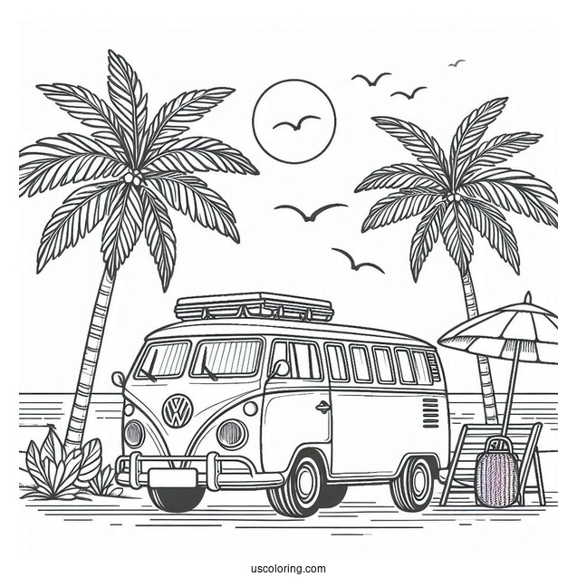 Volkswagen Van Next To A Palm Tree Summer Coloring Page
