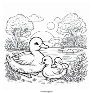 Duck Family Resting Near the Water Coloring Sheet