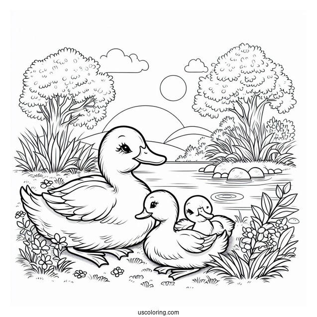 Duck Family Resting Near the Water Coloring Sheet