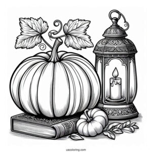Pumpkin Coloring Page Beside A Vintage Lamp