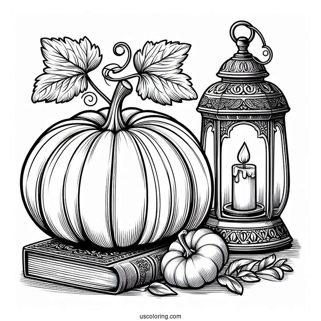 Pumpkin Coloring Page Beside A Vintage Lamp