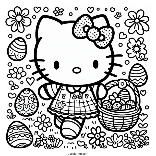 Easter Coloring Page Of Easy Hello Kitty Walking With Basket Of Easter Eggs