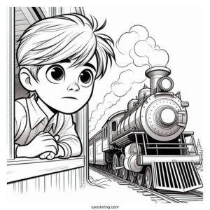 Hero Boy Peering Out Of Polar Express Coloring Page Of Train