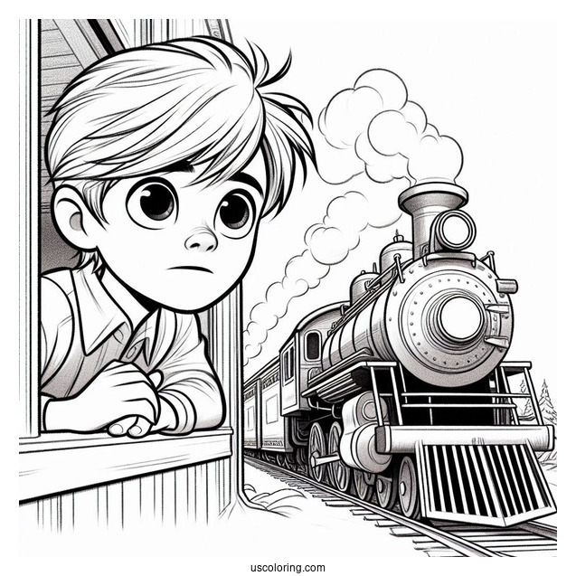 Hero Boy Peering Out Of Polar Express Coloring Page Of Train