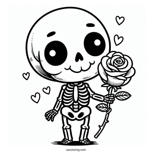 Happy Skeleton Coloring Page Holding Rose