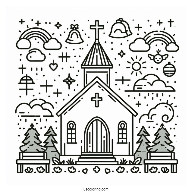 Simple Church Coloring Page With Crosses And Bells For Kids