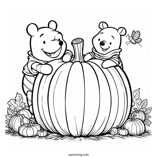 Winnie The Pooh And Piglet Carrying A Giant Pumpkin Coloring Page