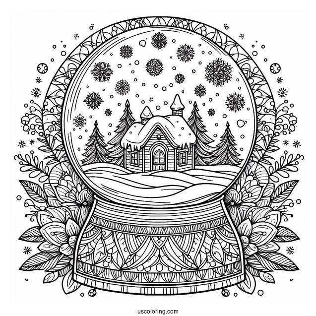 Snow Globe With Cottage In Winter Christmas Mandala Coloring Page