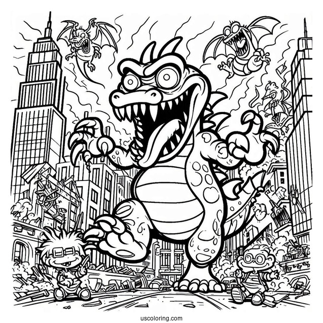 Rugrats Coloring Page Of Scary Reptar Destroying City