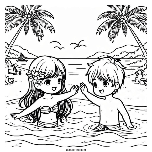 Girl And Boy Swimming At The Beach Coloring Sheet