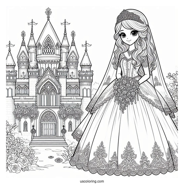 Princess Coloring Page In Wedding Dress In Front Of Castle