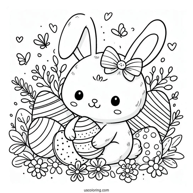 Cute Easter Bunny Coloring Page Surrounded By Eggs