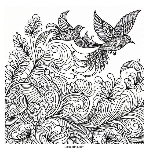 Majestic Nature With Birds Pattern Coloring Page