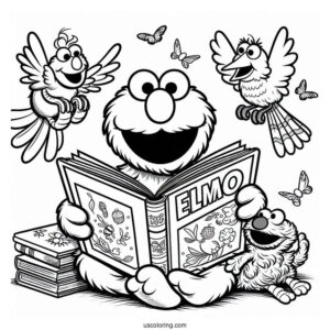 Elmo, Oscar and Big Bird Reading Books To Color
