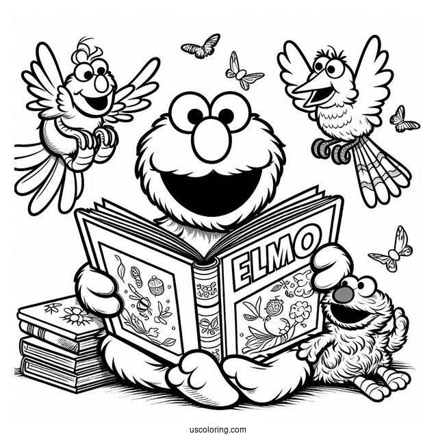 Elmo, Oscar and Big Bird Reading Books To Color