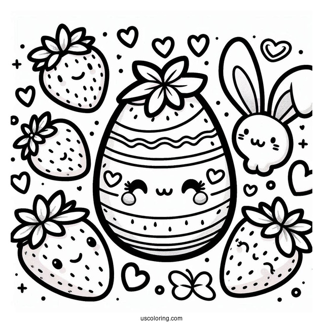 Kawaii Easter Egg Strawberry, Carrot, Bunnies, And Hearts Designs Coloring Sheet