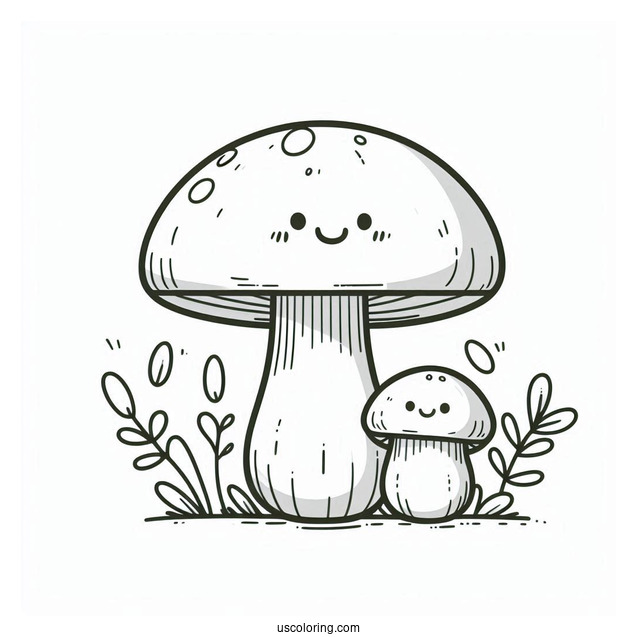 Big And Small Cartoon Mushroom Coloring Page In The Garden For Kids
