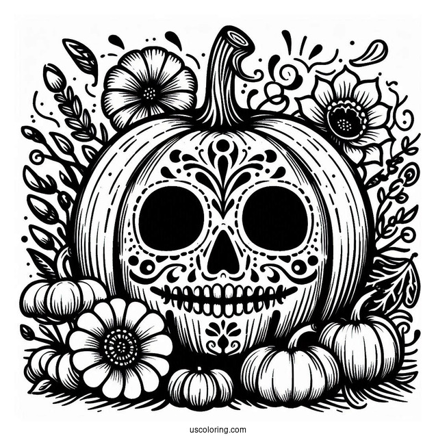 Jack O Lantern Pumpkin Coloring Page With A Skull And Flowers