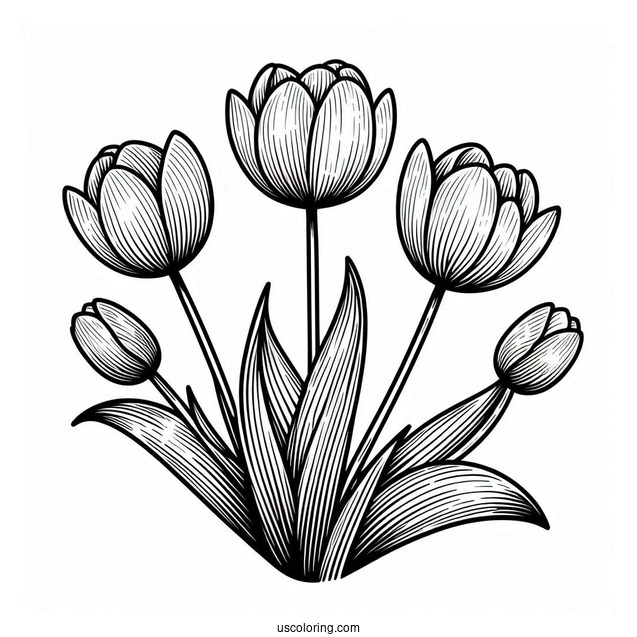 Flower Coloring Pages Of Four Blooming Tulips For Kids