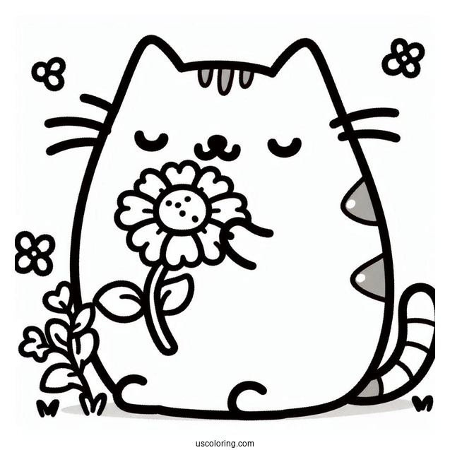 Pusheen Cat Nibbling On a Flower To Color