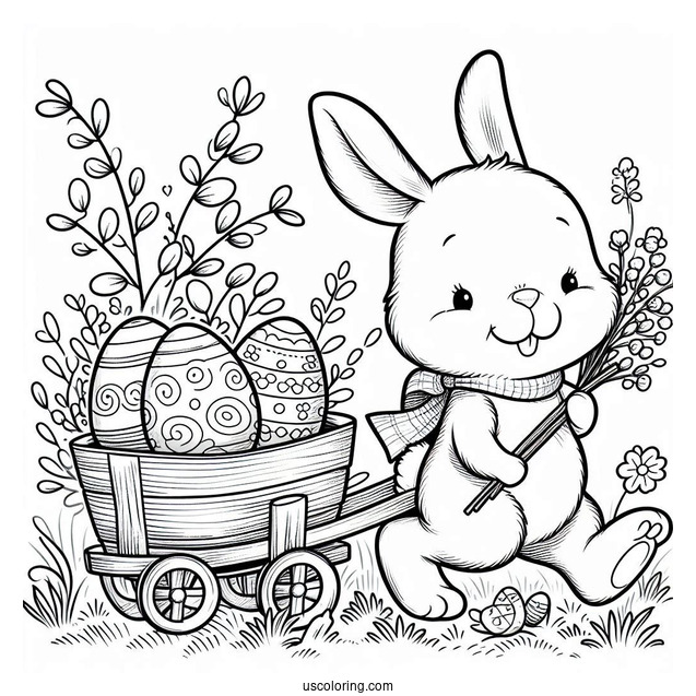 Easter Bunny Coloring Page Pulling A Cart Of Easter Eggs