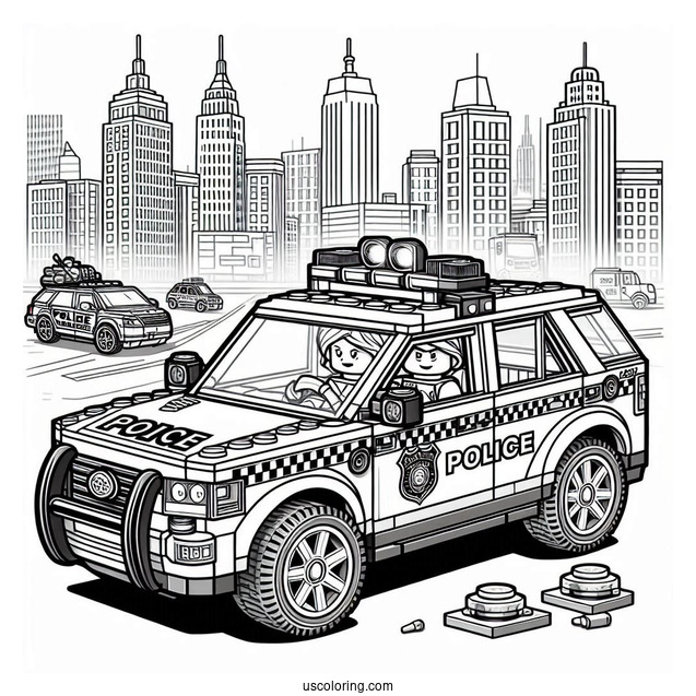 Detailed Lego Police Car Coloring Page Parked In The City