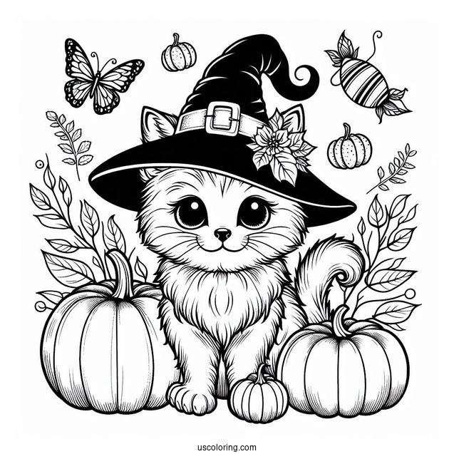 Cat Pumpkin Coloring Page Wearing A Witch Hat