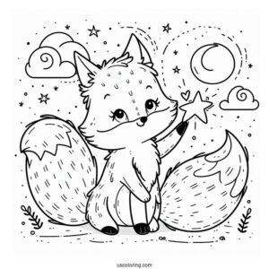 Lovely Fox Coloring Page Holding A Star On A Cloud For Preschoolers