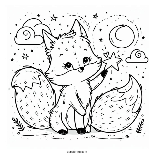 Lovely Fox Coloring Page Holding A Star On A Cloud For Preschoolers
