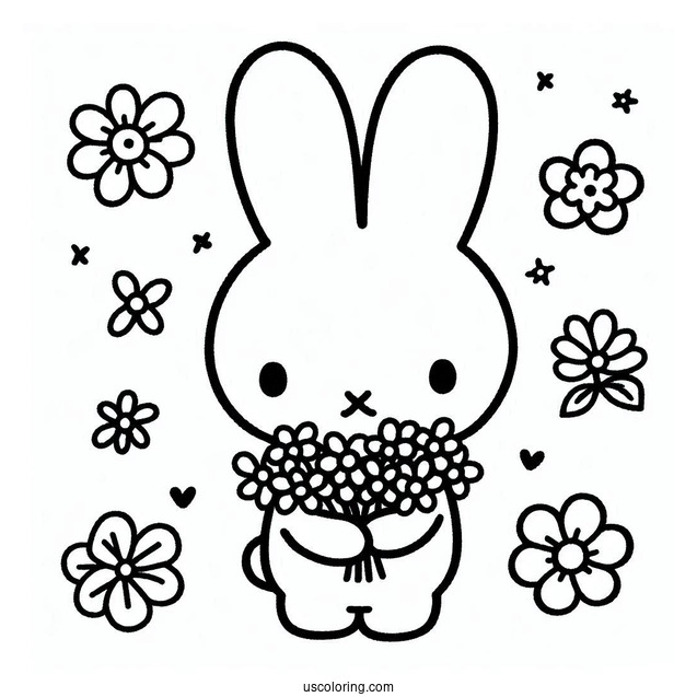Easy Miffy Coloring Page Holding Flowers