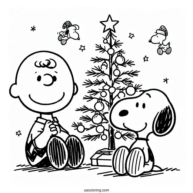 Charlie Brown And Snoopy With Christmas Tree To Color