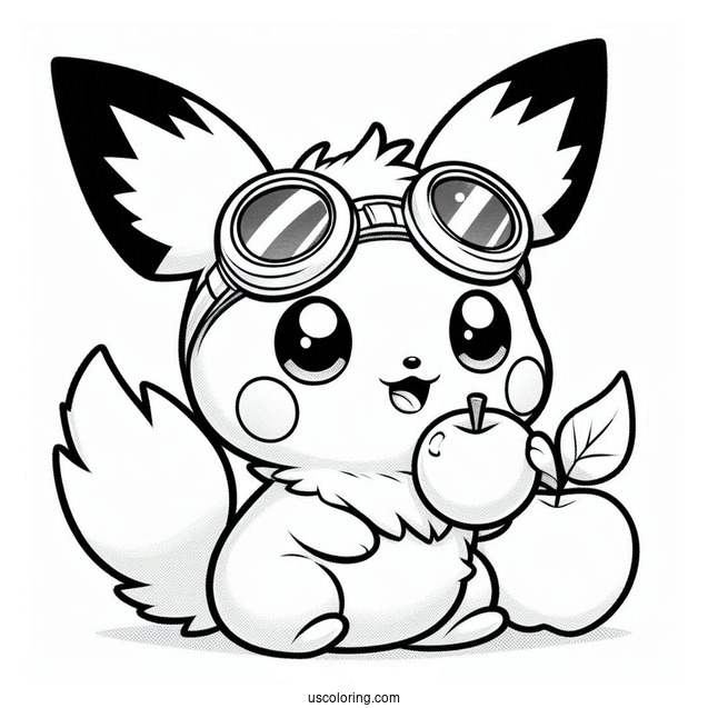 Adorable Pichu Coloring Page Wearing Goggles And Biting An Apple
