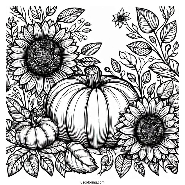 Pumpkin Coloring Page Of Sunflowers, And Leaves