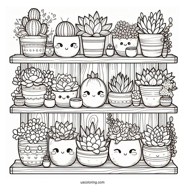 Shelves Full Of Cute Succulent Coloring Page